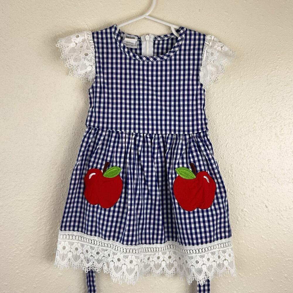 BMG Apple Applique Royal Blue Smocked Gingham Dress Lace Toddler Girls Size S 3T